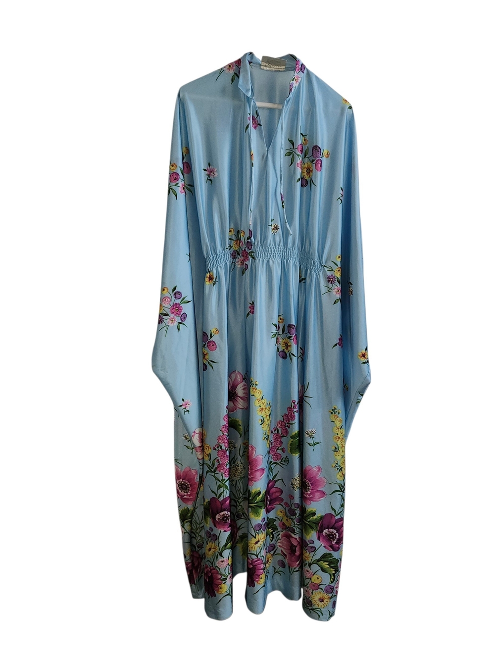 Vintage Blue Caftan Floral Maxi Dress Flowing Women's Silky